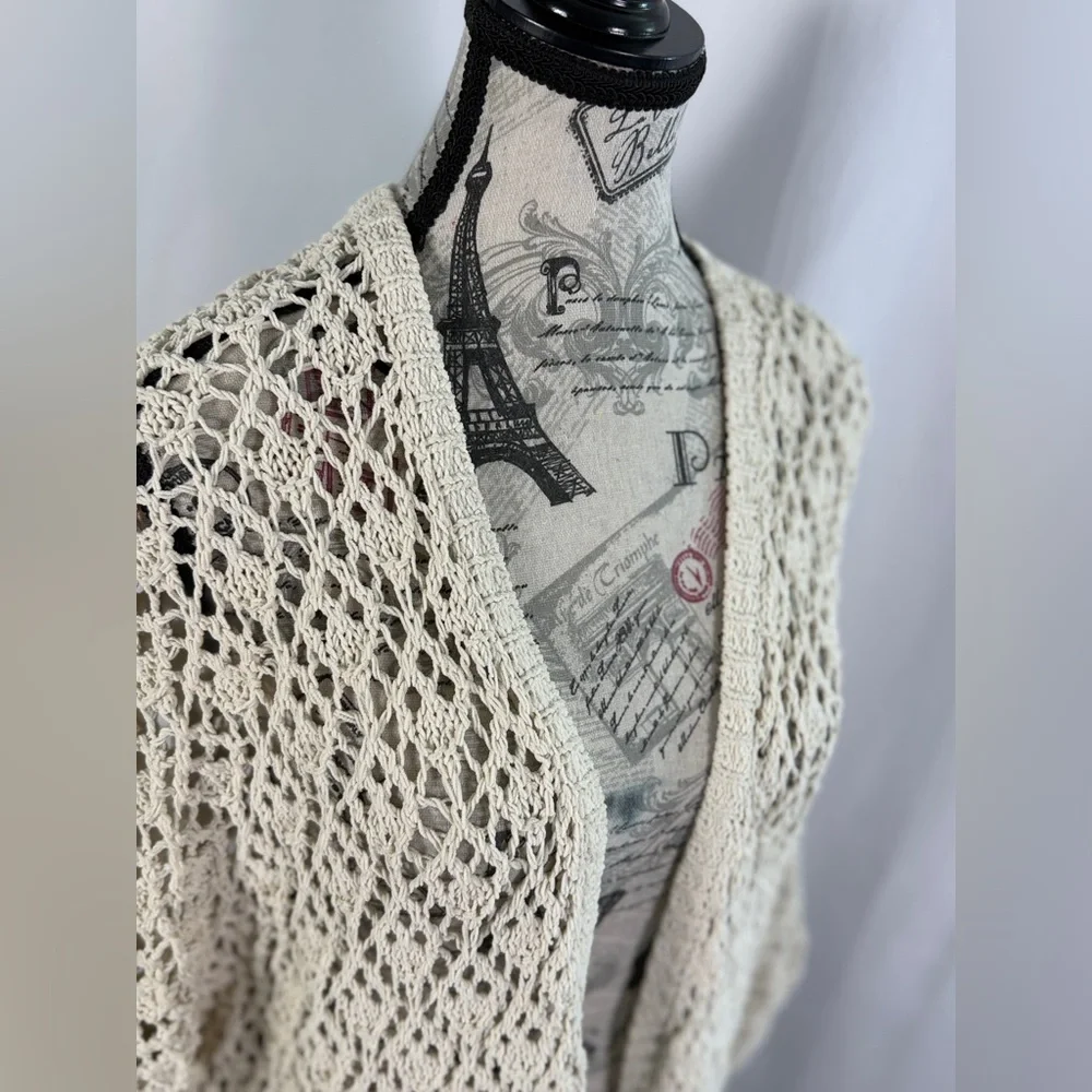 Artelier Nicole Miller Crochet Cream Open Knit Cardigan Size M Boho Chic - Picture 7 of 9